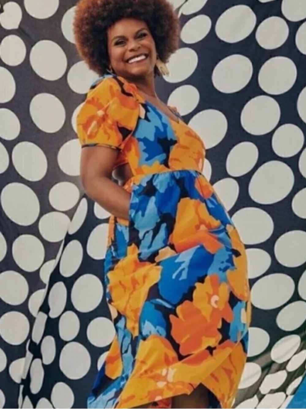 Tabitha Brown Orange and Blue Floral Tie-Back Midi Dress